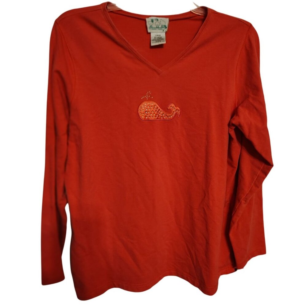 Quacker Factory Large Bright Pink Long Sleeve Shirt, Whale, Rhinestone V-Neck
